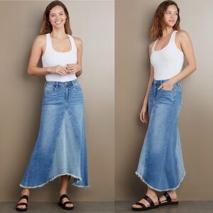 Wash Lab Selma Pieced Denim Mid Rise Frayed Hem Maxi Skirt Size 27